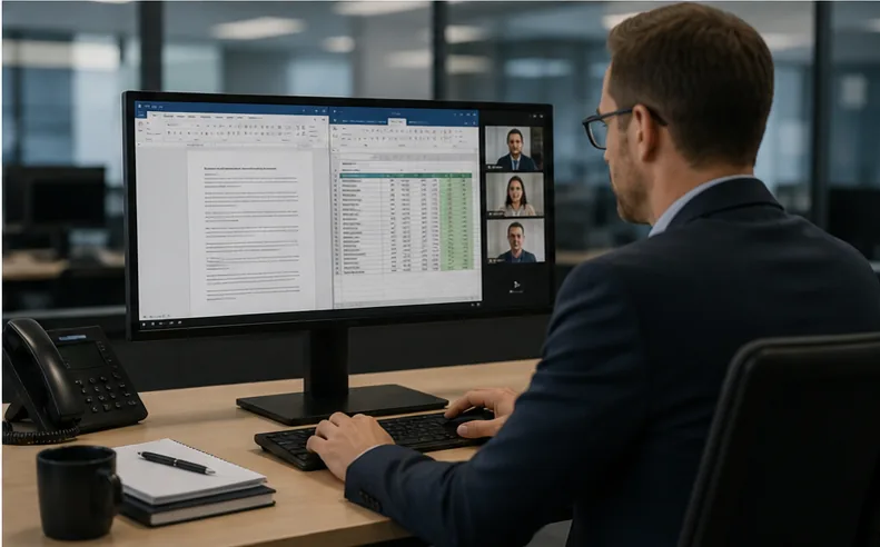 Profissional de SST trabalhando em documentos e planilhas em ambiente Microsoft 365
